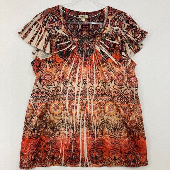 One World Tops - One World size 3X Red Brown Boho Artsy Flutter Sleeve Blouse Vacation Festival
